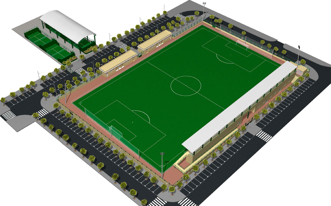 Infografía 3D de campo de futbol